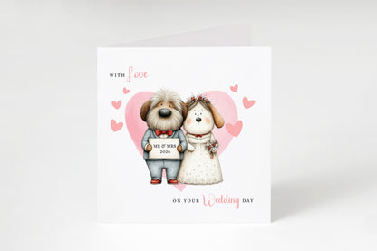Cute Dog Wedding Card – Wedding Congratulations Card – Adorable Animal Wedding Card – Romantic Wedding Day Card for Newlywed couples, Dog Lovers, Him or Her – Pink Envelope Included