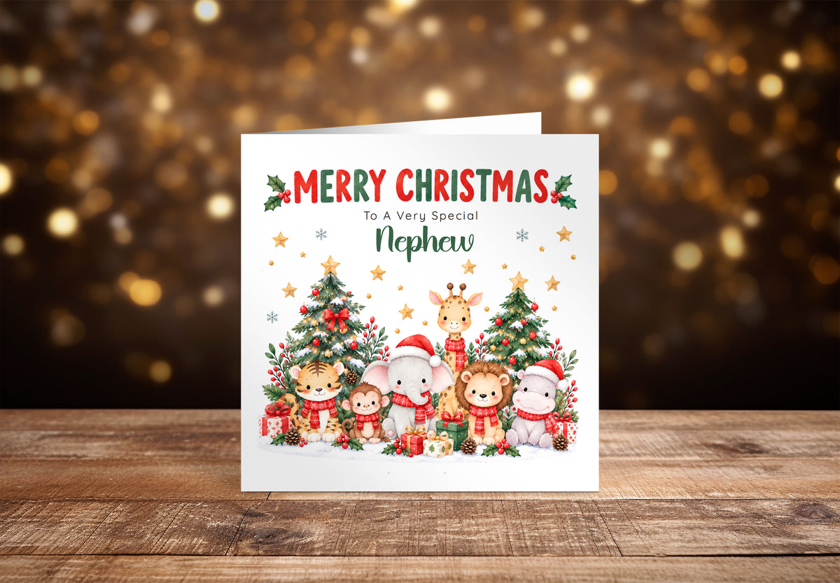 Jungle Animals Christmas Card for Nephew - Cute Safari Animals Design