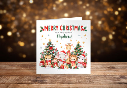 Jungle Animals Christmas Card for Nephew - Cute Safari Animals Design