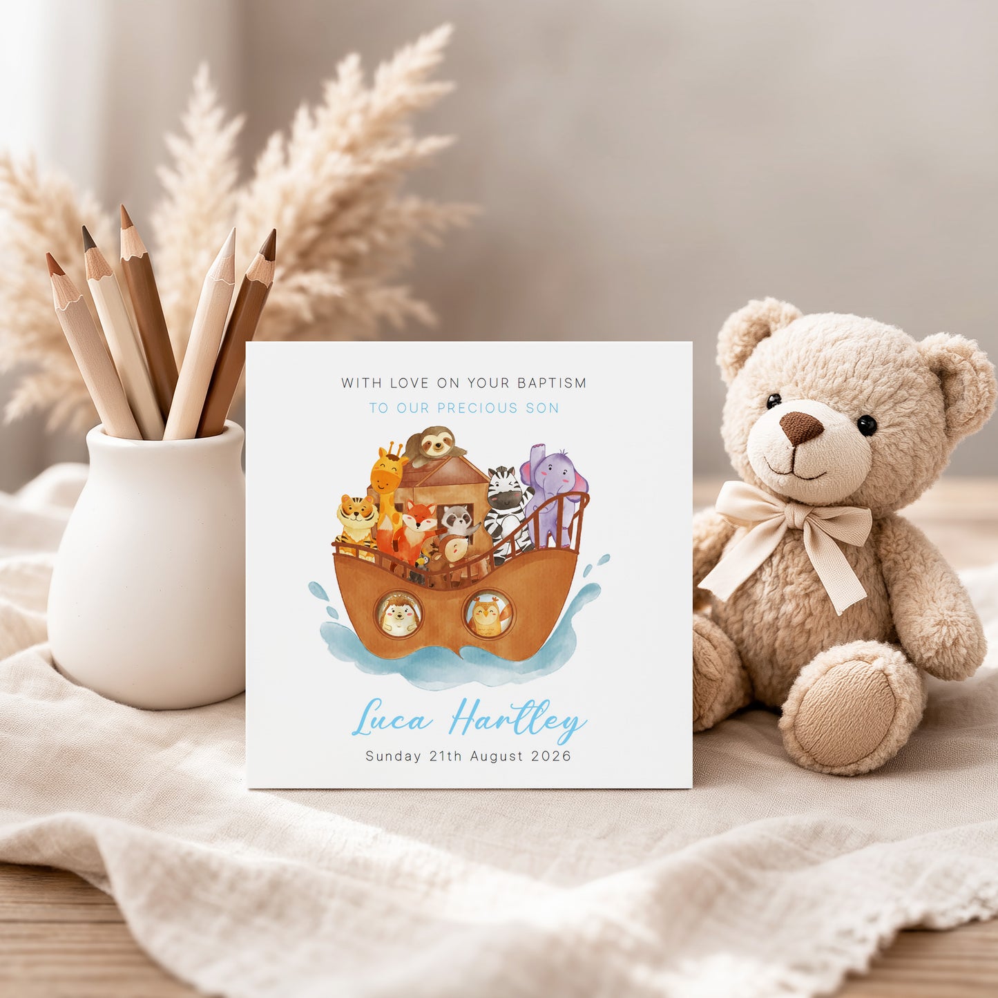 Personalised Christening Card for Boy – Custom Baptism Card with Message, Name & Date - Noah's Ark and Cute Animals Design – Baptism Card for Boys, Son, Grandson, Nephew with Blue Envelope