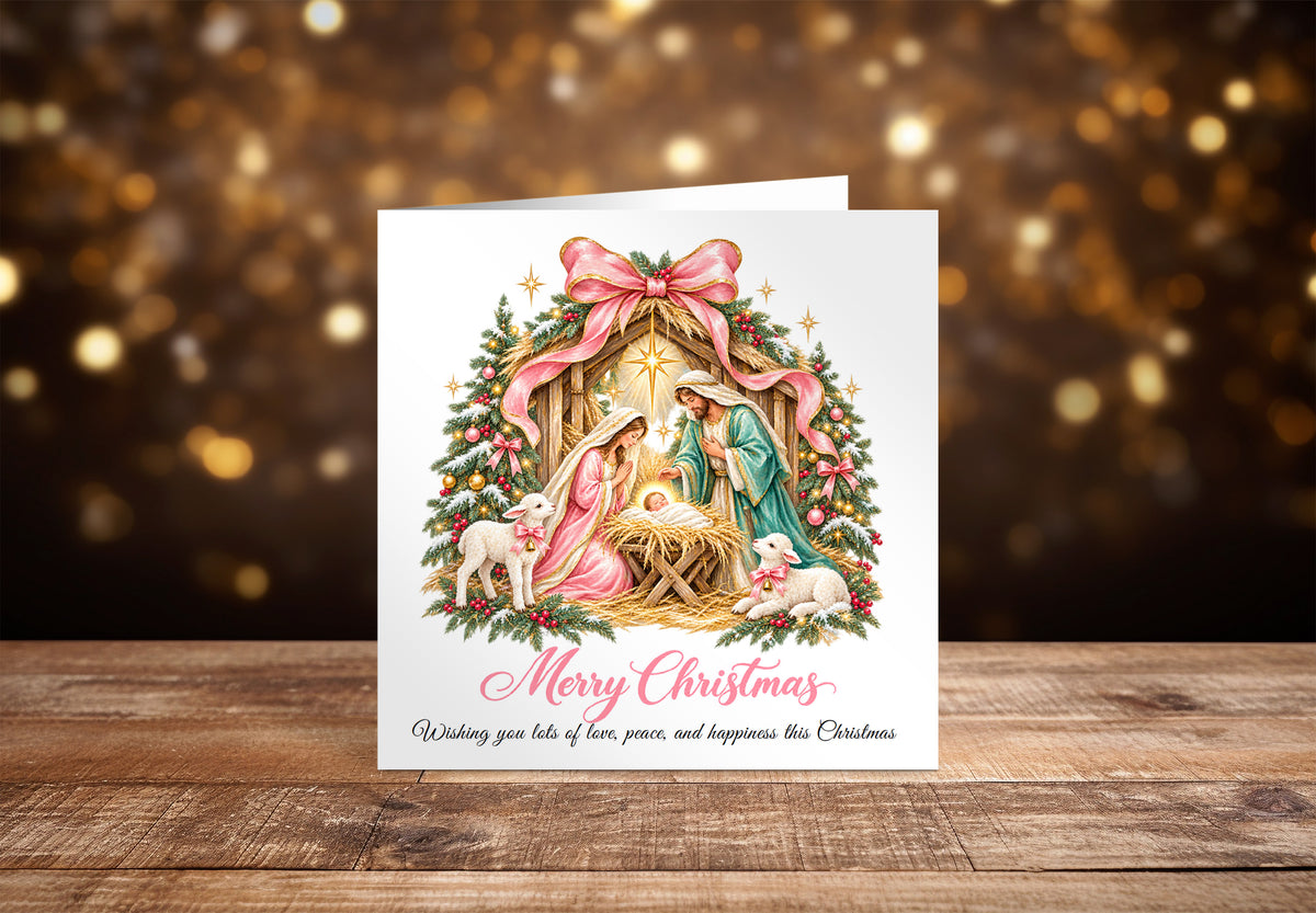 Pink Bow Nativity Christmas Card – Christian Greeting Card