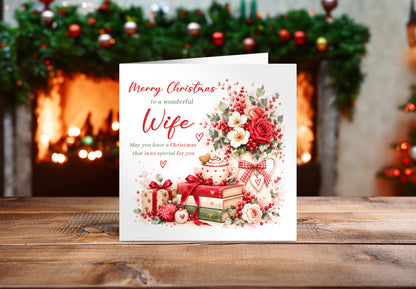 Christmas Card for Wife – Romantic Red Roses & Festive Floral Design