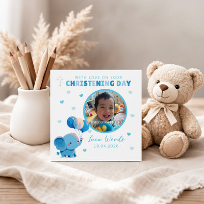 Personalised Photo Christening Card for Boy – Custom Baptism Card with Image, Name & Date -  Cute Blue Elephant Design – Baptism Card for Boys, Son, Grandson, Nephew with Blue Envelope