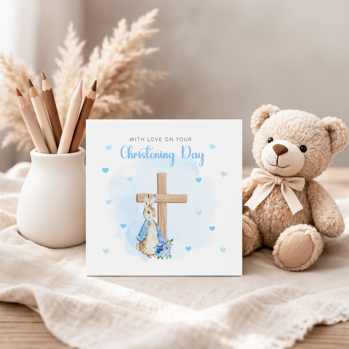 Christening Day Card for Boy – Blue Bunny Cross Design – With Love on Your Christening Day Baptism Christening Card for Boys, Son, Grandson, Nephew with Blue Envelope
