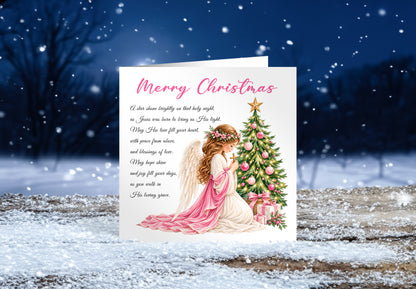 Angel & Christmas Tree Christian Christmas Card – Pink Watercolour Design