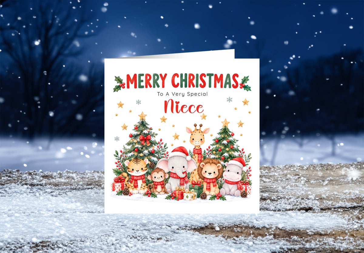 Jungle Animals Christmas Card for Niece - Cute Safari Animals Design