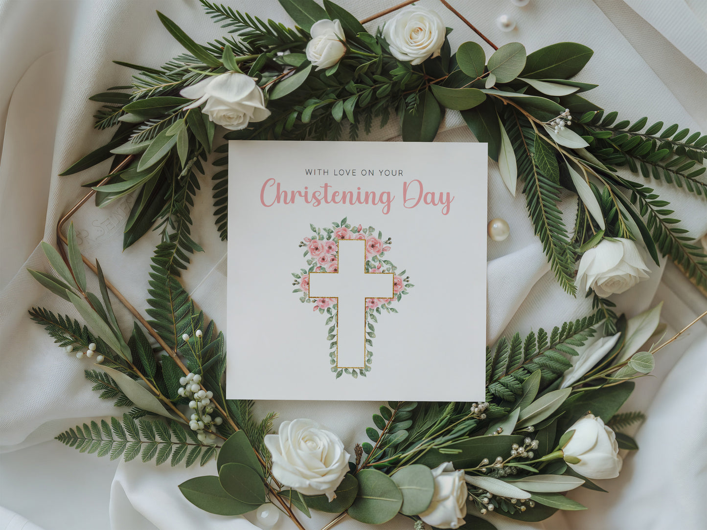 Christening Card for Girl – With Love On Your Christening Day - Roses Cross Design – Religious Baptism Card for Girls, Daughter, Granddaughter, Niece - Pink Envelope Included