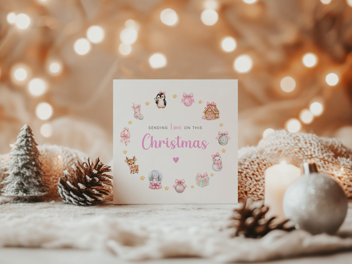 Pastel Pink Christmas Card for Girls – Cute Animals & Festive Xmas Design