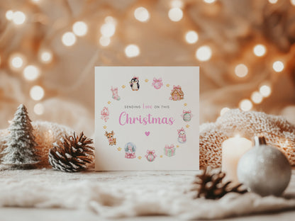 Pastel Pink Christmas Card for Girls – Cute Animals & Festive Xmas Design