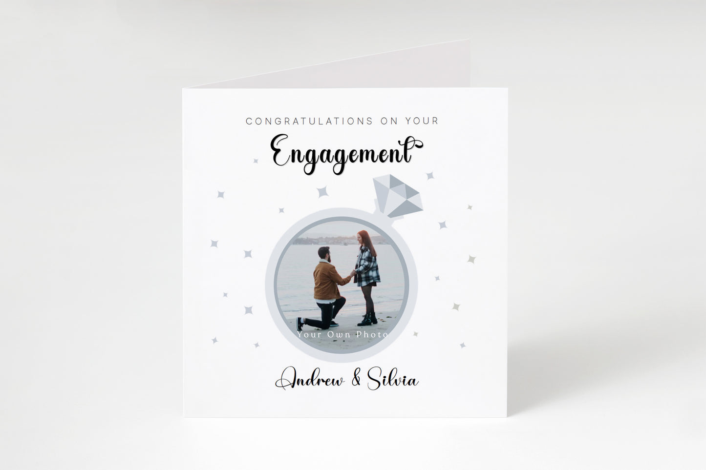 Personalised Photo Engagement Card – Custom Photo & Couple's Names - Diamond Ring Photo Frame Design - Congratulations Engagement Card for Newly Engaged Couples - Kraft Envelope Included