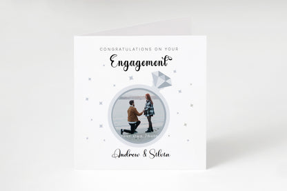 Personalised Photo Engagement Card – Custom Photo & Couple's Names - Diamond Ring Photo Frame Design - Congratulations Engagement Card for Newly Engaged Couples - Kraft Envelope Included