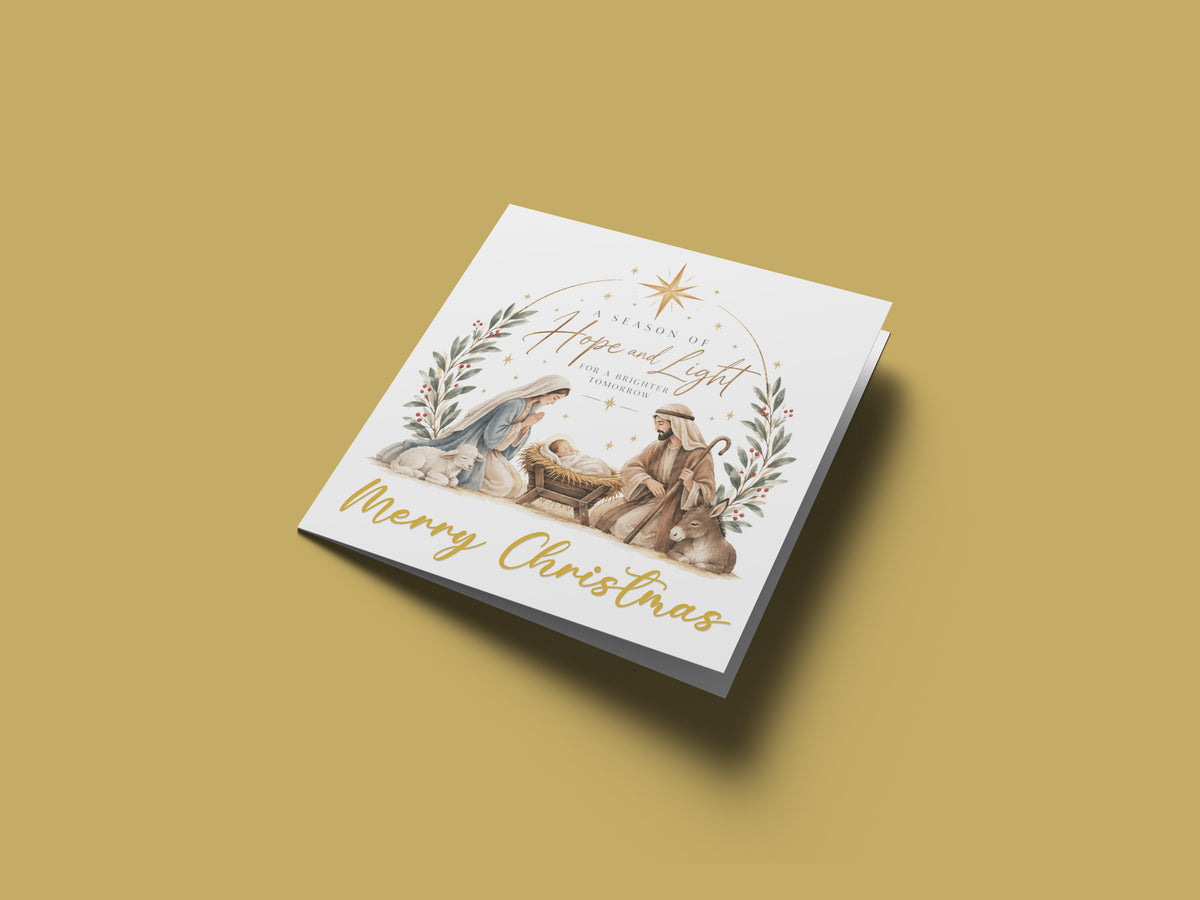 Nativity Christmas Card - Mary, Joseph, Baby Jesus and Twinkling Stars Design - Elegant Religious Christmas Greeting Card