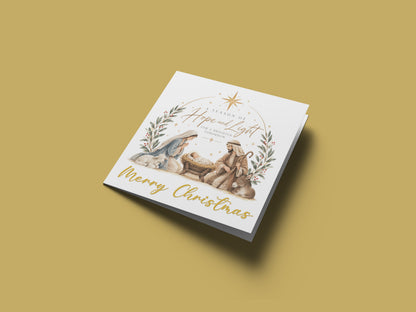 Nativity Christmas Card - Mary, Joseph, Baby Jesus and Twinkling Stars Design - Elegant Religious Christmas Greeting Card