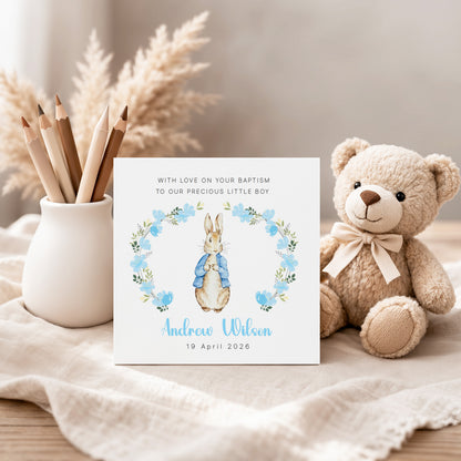 Personalised Christening Card for Boy – Custom Baptism Card with Message, Name & Date -  Blue Bunny Floral Wreath Design – Baptism Card for Boys, Son, Grandson, Nephew with Blue Envelope