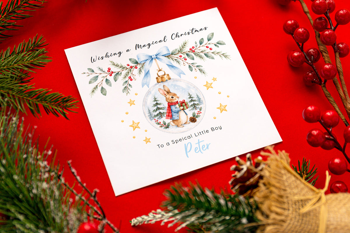 Personalised Christmas Card for Boys – Bunny in a Christmas Bauble