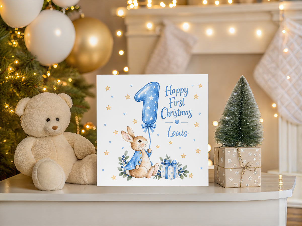 Personalised Baby Boy’s First Christmas Card – Blue Cute Bunny Design