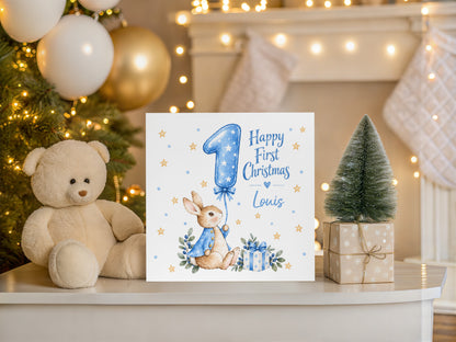 Personalised Baby Boy’s First Christmas Card – Blue Cute Bunny Design