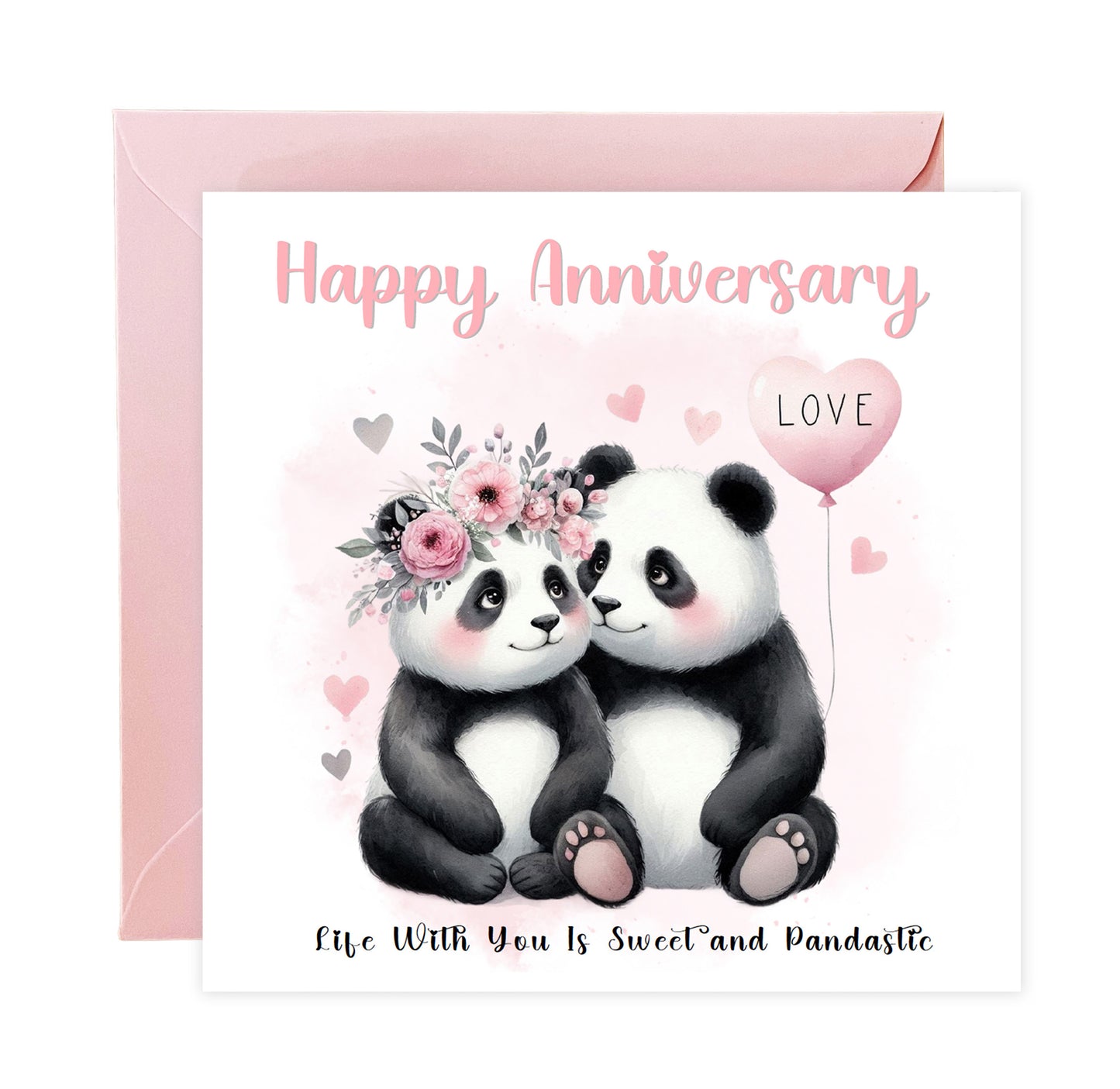 Cute Panda Couple Anniversary Card for Wedding, Dating, Relationship Milestones 1st, 2nd, 3rd, 5th, 10th, 20th 30th - For Him, Her, Wife, Husband, Couples - Pink Envelope Included