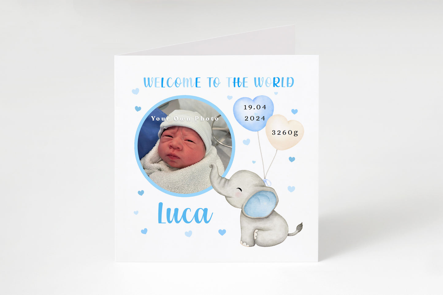 Personalised Photo New Baby Boy Card Congratulations for Newborn Boy, Welcome To The World Card for Son, Grandson, Nephew with Cutstom Photo Frame, Name, Birth Date & Weight with Blue Envelope