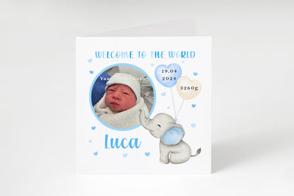 Personalised Photo New Baby Boy Card Congratulations for Newborn Boy, Welcome To The World Card for Son, Grandson, Nephew with Cutstom Photo Frame, Name, Birth Date & Weight with Blue Envelope