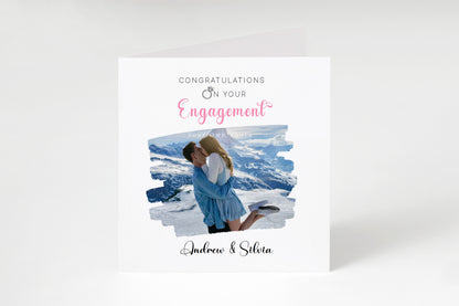 Personalised Photo Engagement Card – Custom Photo & Couple's Names - Brushstroke Photo Frame Design - Congratulations Engagement Card for Newly Engaged Couples - Pink Envelope Included