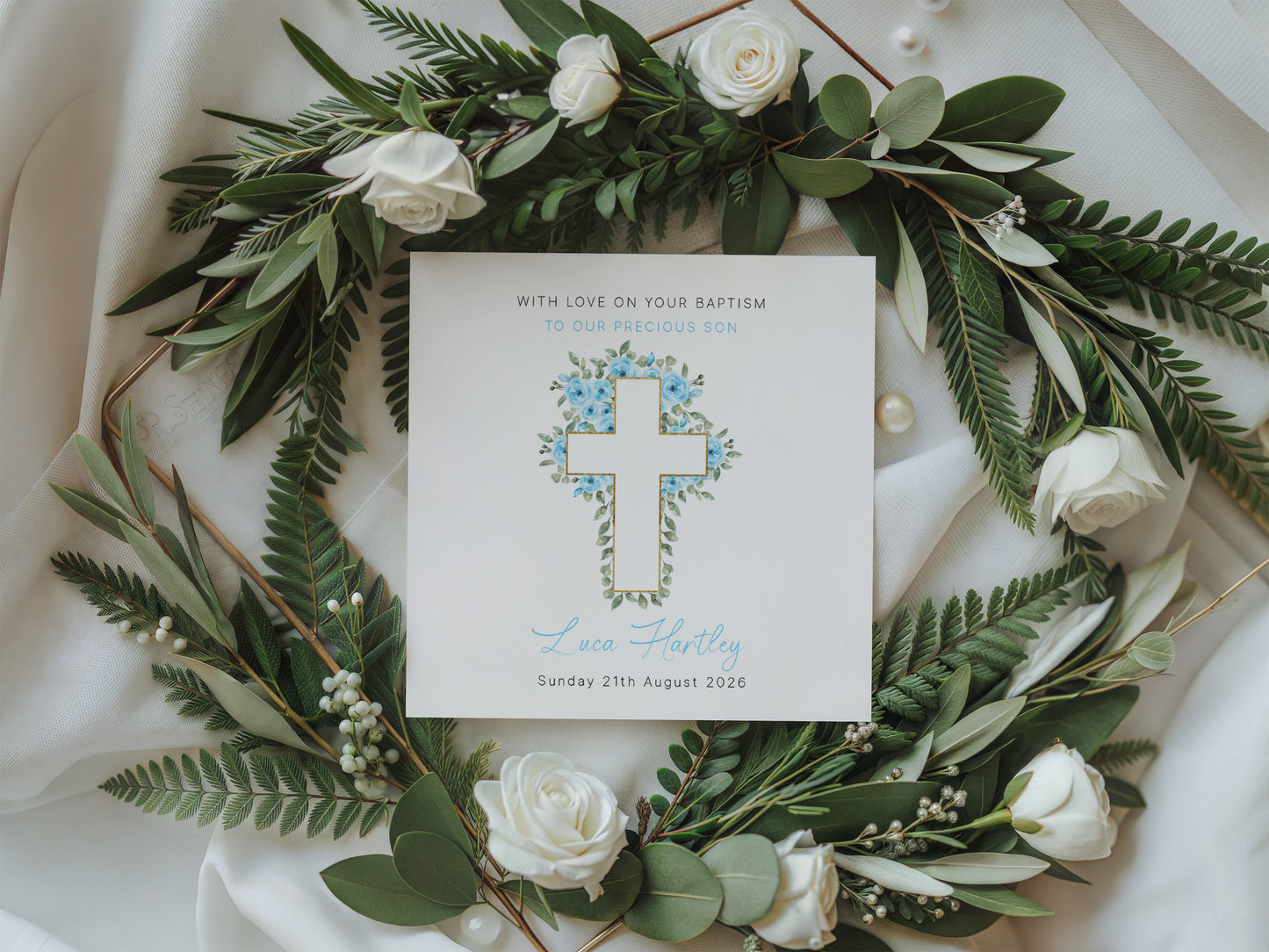 Personalised Christening Card for Boy – Custom Baptism Card with Message, Name & Date - Roses & Cross Design – Religious Baptism Card for Boys, Son, Grandson, Nephew with Blue Envelope