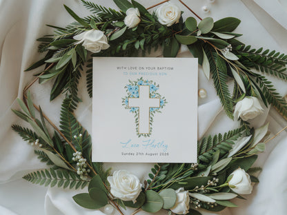 Personalised Christening Card for Boy – Custom Baptism Card with Message, Name & Date - Roses & Cross Design – Religious Baptism Card for Boys, Son, Grandson, Nephew with Blue Envelope