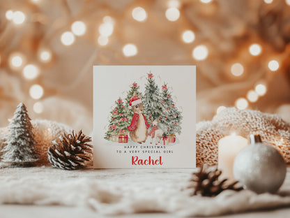 Personalised Christmas Card for Girls – Red Rabbit and Christmas Trees