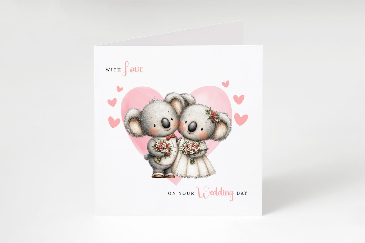 Cute Koala Wedding Card – Wedding Congratulations Card – Adorable Animal Wedding Card – Romantic Wedding Day Card for Newlywed couples, Animal Lovers, Him or Her – Pink Envelope Included