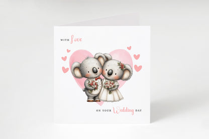Cute Koala Wedding Card – Wedding Congratulations Card – Adorable Animal Wedding Card – Romantic Wedding Day Card for Newlywed couples, Animal Lovers, Him or Her – Pink Envelope Included