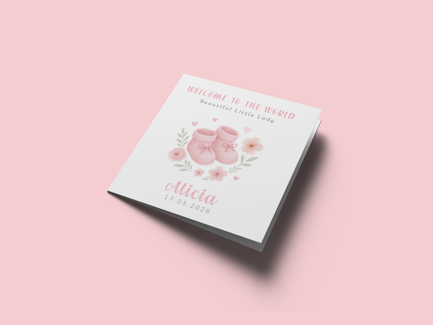 Personalised New Baby Girl Card Congratulations for Newborn Daughter, Granddaughter, Niece - Welcome To The World Card with Pink Baby Shoes Design - Custom Name & Date with Pink Envelope