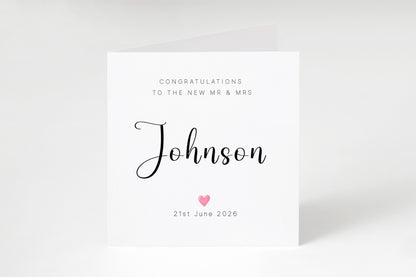 Personalised Wedding Card with Couple's Surname & Date – Minimalist Mr & Mrs Card – Elegant Script Surname Wedding Card – Modern Newlywed Congratulations Card for Him or Her - Kraft Envelope Included