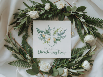 Christening Day/ Baptism Card for Boys or Girls - Elegant Religious Baptism Card with Cross & Greenery for Son, Daughter, Grandson, Granddaughter, Nephew, Niece - Green Envelope Included