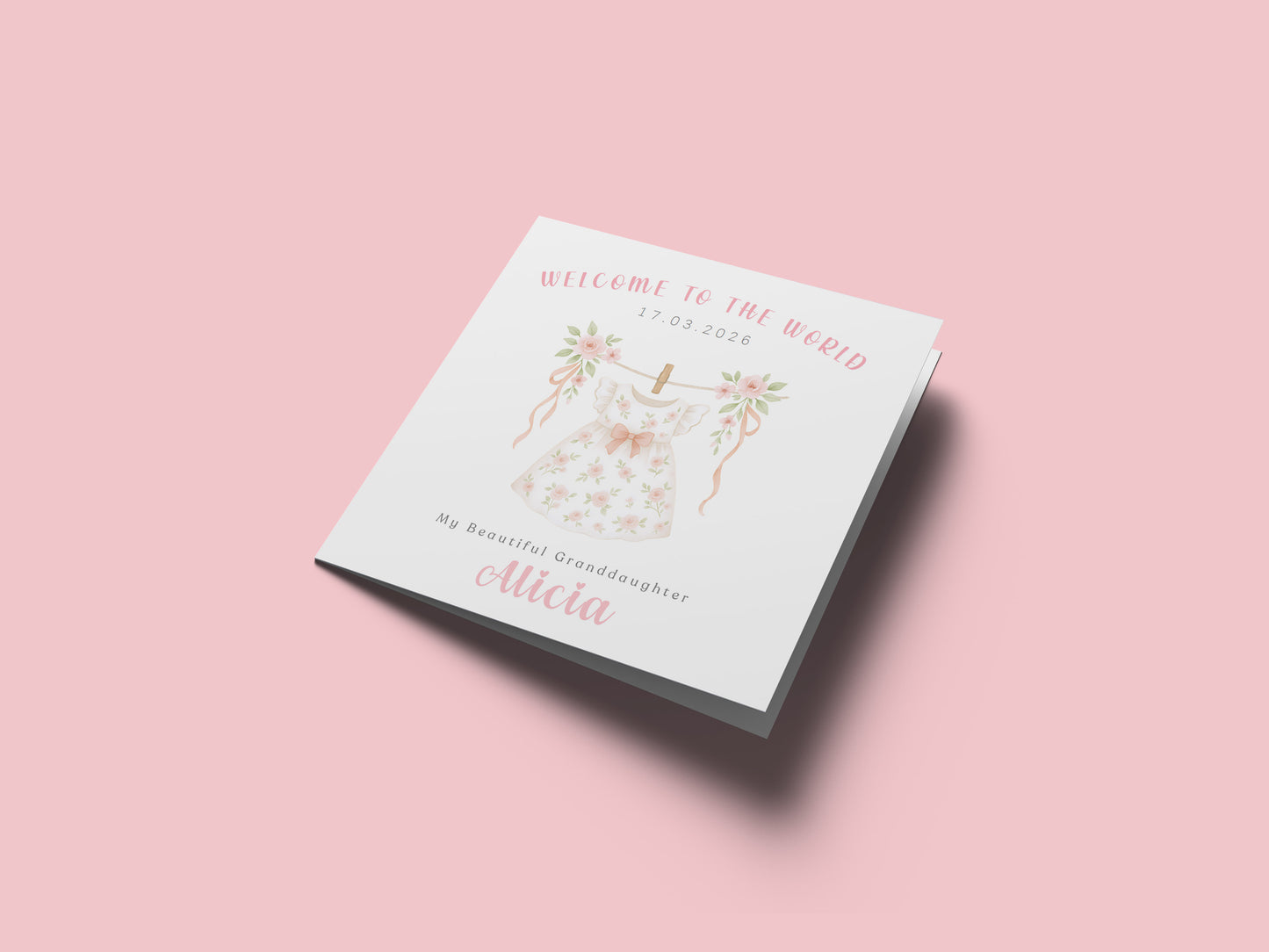 Personalised New Baby Girl Card Congratulations for Newborn Daughter, Granddaughter, Niece - Welcome To The World Card with Floral Dress Design - Custom Date, Message & Name with Pink Envelope