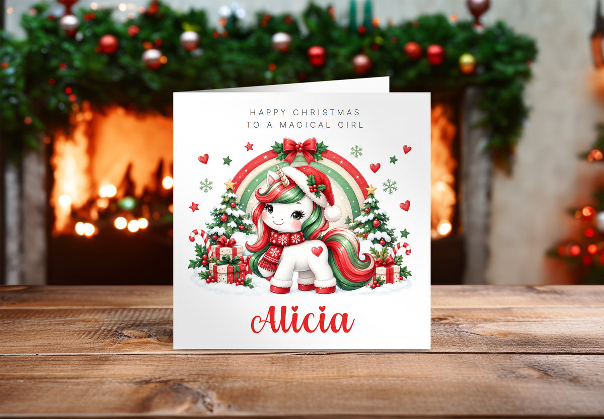 Personalised Christmas Card for Girls – Cute Magical Festive Unicorn