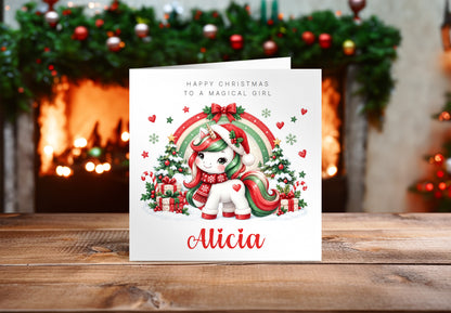 Personalised Christmas Card for Girls – Cute Magical Festive Unicorn