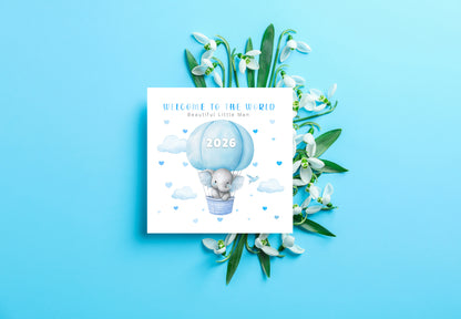 2026 New Baby Boy Card Congratulations for Newborn Son, Grandson, Nephew, Little One - Welcome To The World, Baby Shower Card - Elephant in a Hot Air Balloon Design  - Blue Envelope Included