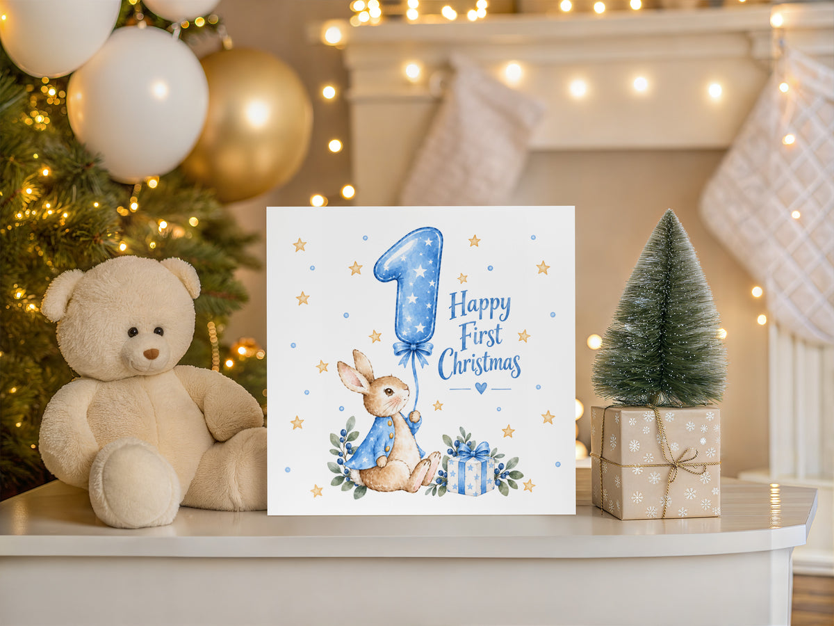 Happy Baby Boy's First Christmas Card – Blue Cute Bunny Design