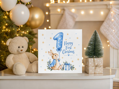 Happy Baby Boy's First Christmas Card – Blue Cute Bunny Design