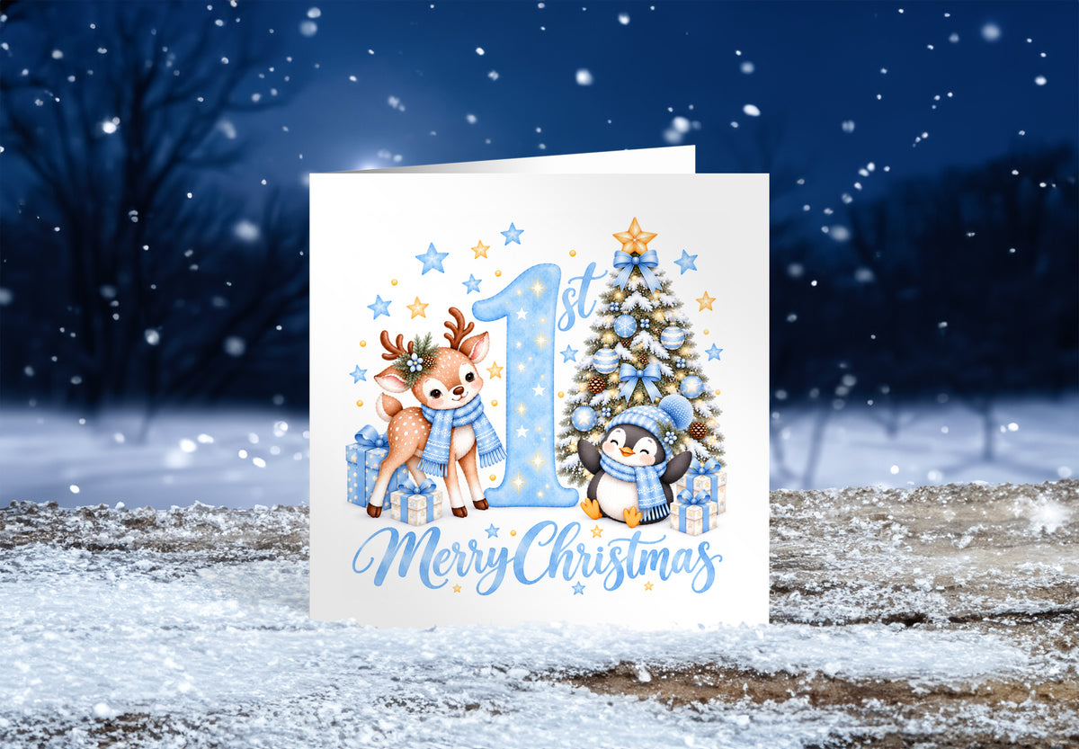 Baby Boy's 1st Christmas Card – Reindeer & Penguin Christmas Card
