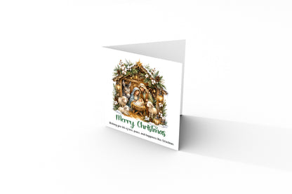 Nativity Christmas Card - Cute Sheep, Donkey, Baby Jesus Design - Elegant Religious Christmas Greeting Card