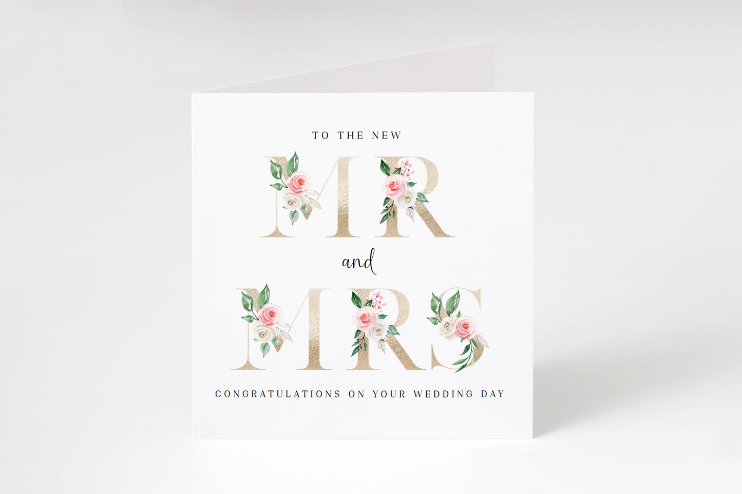 New Mr & Mrs Wedding Card  – Elegant Gold Effect Floral Letters Design - Romantic Wedding Congratulations Keepsake Card for Newlywed couples, Him or Her - Kraft Envelope Included