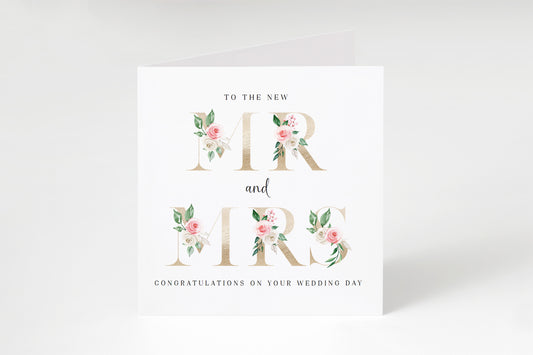 New Mr & Mrs Wedding Card  – Elegant Gold Effect Floral Letters Design - Romantic Wedding Congratulations Keepsake Card for Newlywed couples, Him or Her - Kraft Envelope Included