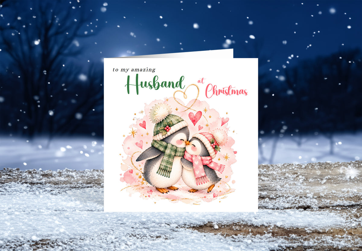 Merry Christmas Card for Husband  – Cute Penguin Couple Christmas Card