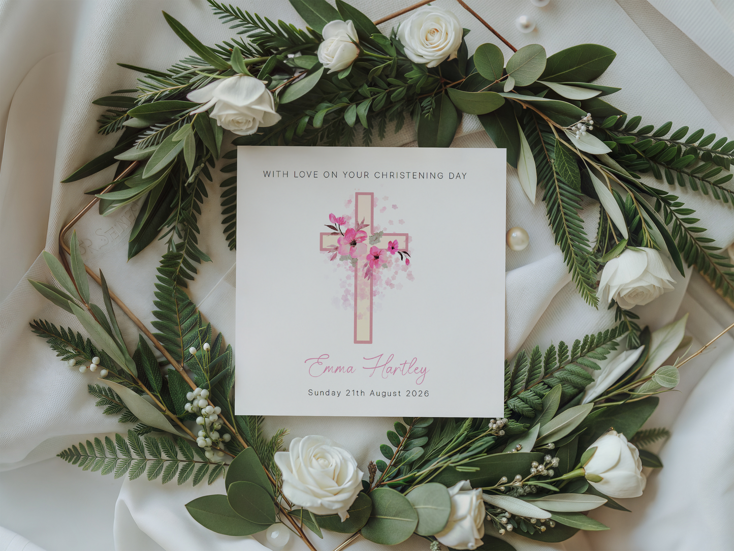 Personalised Christening Card for Girl – Custom Baptism Card with Name & Date - Floral Cross Design – Religious Baptism Card for Girls, Daughter, Granddaughter, Niece - Pink Envelope Included