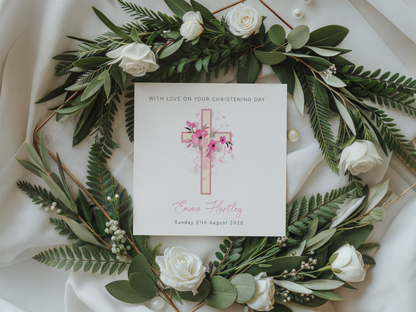 Personalised Christening Card for Girl – Custom Baptism Card with Name & Date - Floral Cross Design – Religious Baptism Card for Girls, Daughter, Granddaughter, Niece - Pink Envelope Included