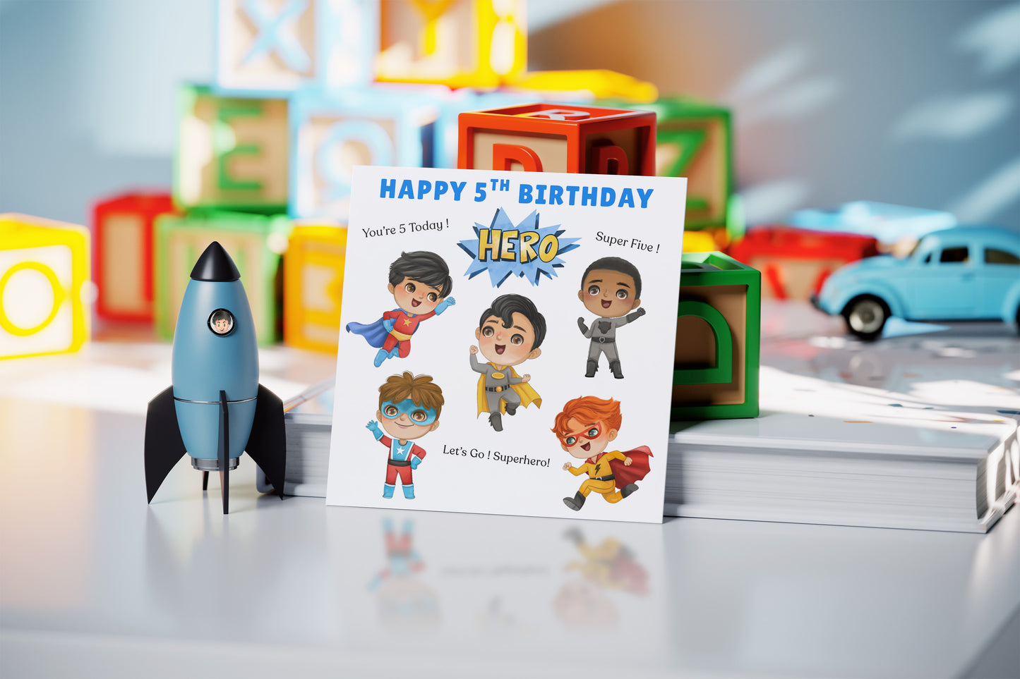 Superhero 5th Birthday Card for Boys – Superhero Characters Design for Age 5 Years Old, Fifth Birthday Kids, Little Birthday Hero, Son, Grandson, Nephew –  Blue Envelope Included