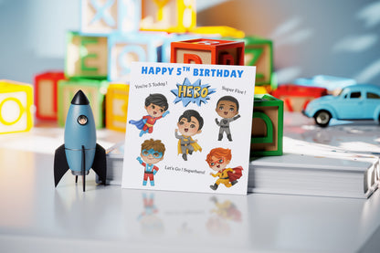 Superhero 5th Birthday Card for Boys – Superhero Characters Design for Age 5 Years Old, Fifth Birthday Kids, Little Birthday Hero, Son, Grandson, Nephew –  Blue Envelope Included