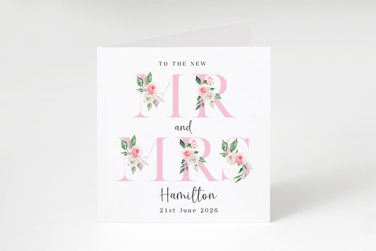 Personalised Mr & Mrs Wedding Card – Custom Surname & Wedding Date – Floral Alphabets/Letters Design - Wedding Congratulations Keepsake Card for Newlywed couples, Him or Her - Pink Envelope Included