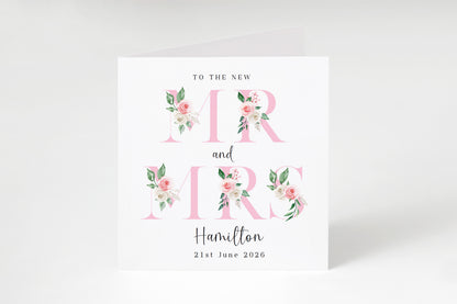 Personalised Mr & Mrs Wedding Card – Custom Surname & Wedding Date – Floral Alphabets/Letters Design - Wedding Congratulations Keepsake Card for Newlywed couples, Him or Her - Pink Envelope Included